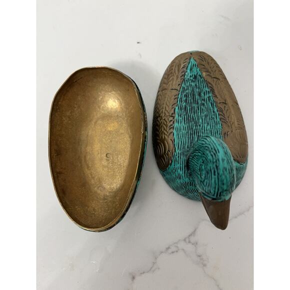 Trinket Jewelry Box Pewter Duck Shape with Lid Figurine Green Gold - Picture 4 of 5